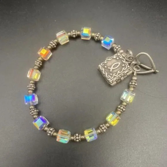 AB Crystal Cube Bracelet Bible Locket Charm Opens Mary Baby Jesus 925 Silver 7.5 - Picture 8 of 11